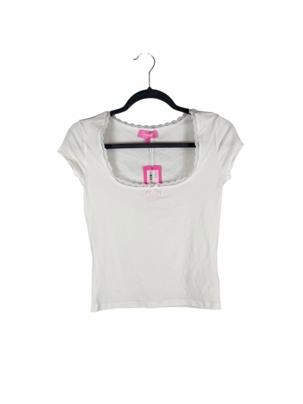Edikted White Short Sleeve Scoop Neck Tee with Lace Trim
